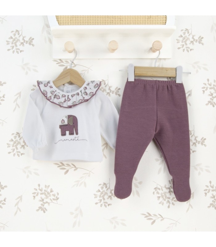 Conjunto Polaina bebé berenjena algodón canalé cuello bordado floral