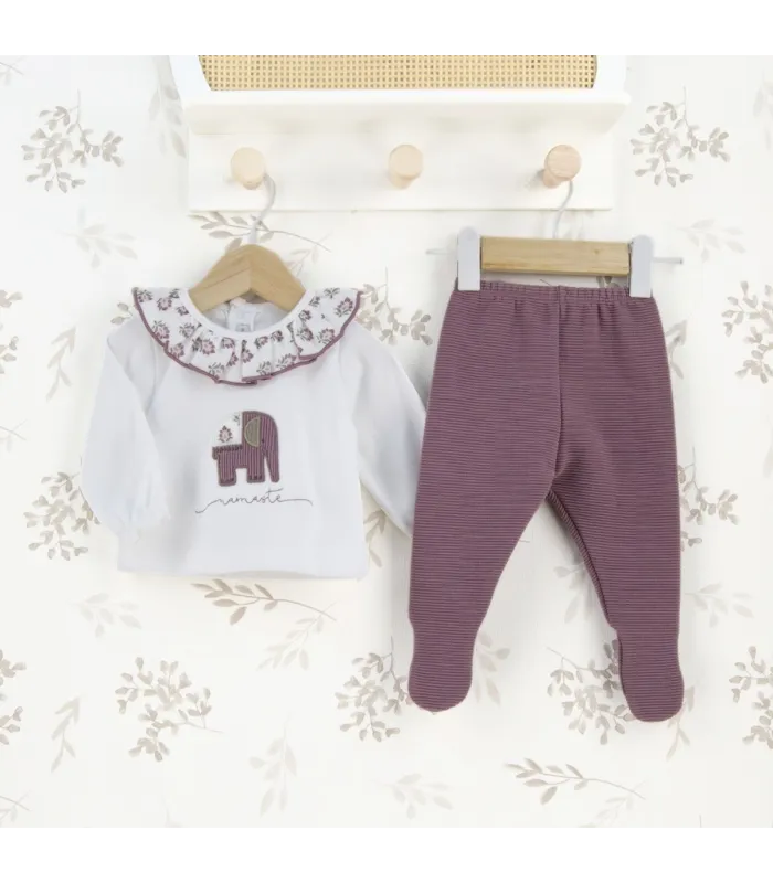 Conjunto Polaina bebé berenjena algodón canalé cuello bordado floral