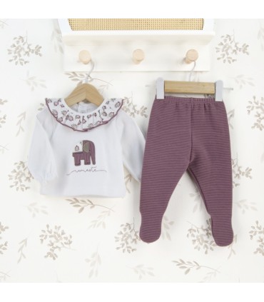 Conjunto Polaina bebé berenjena algodón canalé cuello bordado floral