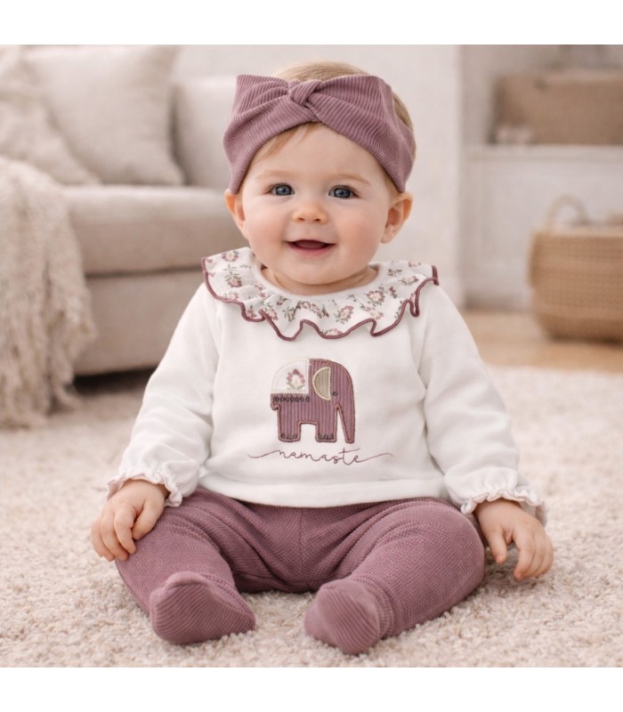 Bebé con Conjunto Polaina bebé berenjena algodón canalé cuello bordado floral