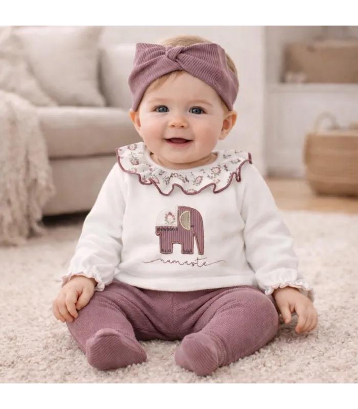 Bebé con Conjunto Polaina bebé berenjena algodón canalé cuello bordado floral