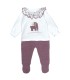 Conjunto Polaina bebé berenjena algodón canalé cuello bordado floral en fondo blanco