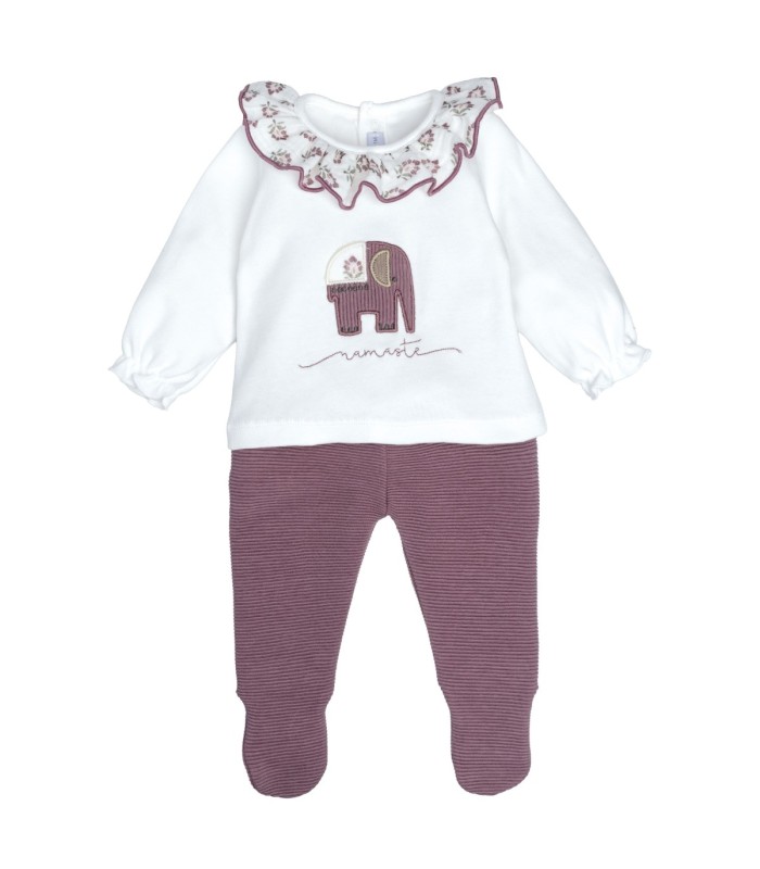 Conjunto Polaina bebé berenjena algodón canalé cuello bordado floral en fondo blanco