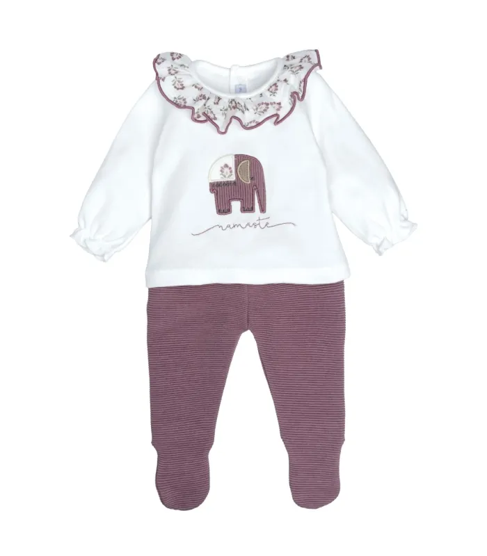 Conjunto Polaina bebé berenjena algodón canalé cuello bordado floral en fondo blanco