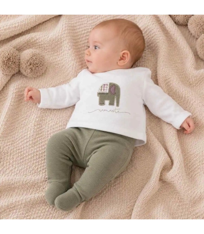 Bebé con Conjunto Polaina bebé topo algodón canalé bordado elefante suave detalle