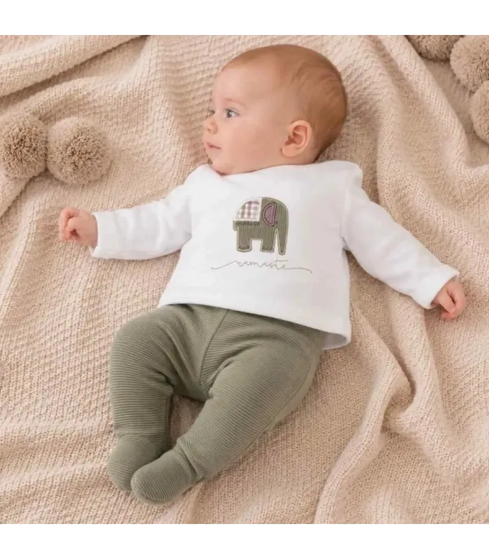 Bebé con Conjunto Polaina bebé topo algodón canalé bordado elefante suave detalle