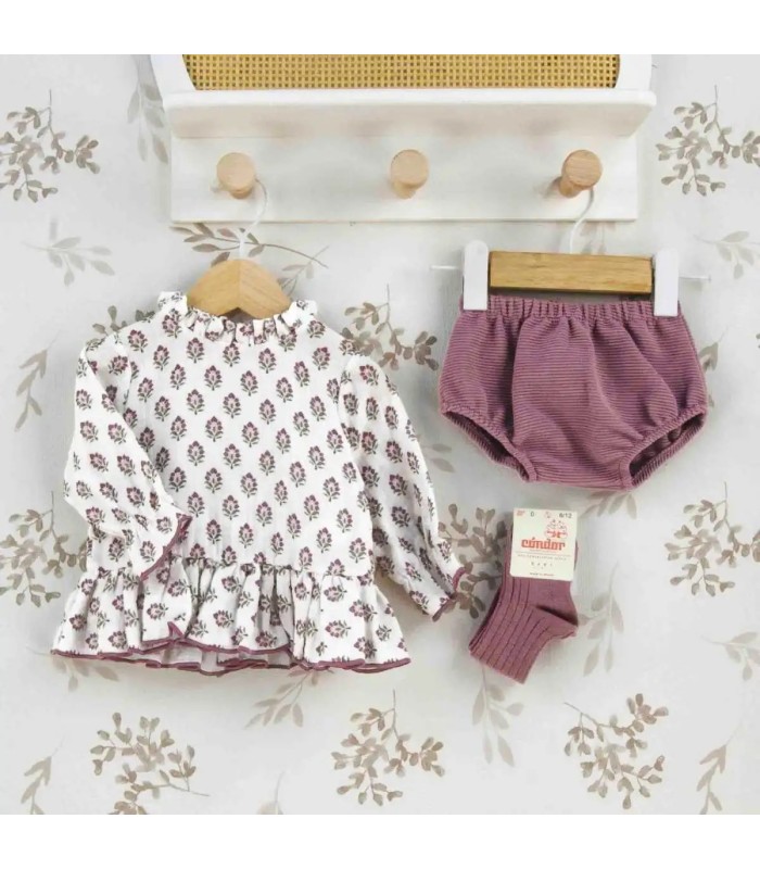 Jesusito bebé berenjena algodón estampado floral volante suave invierno