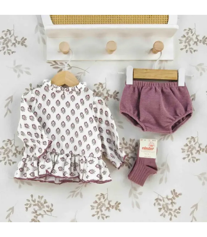 Jesusito bebé berenjena algodón estampado floral volante suave invierno
