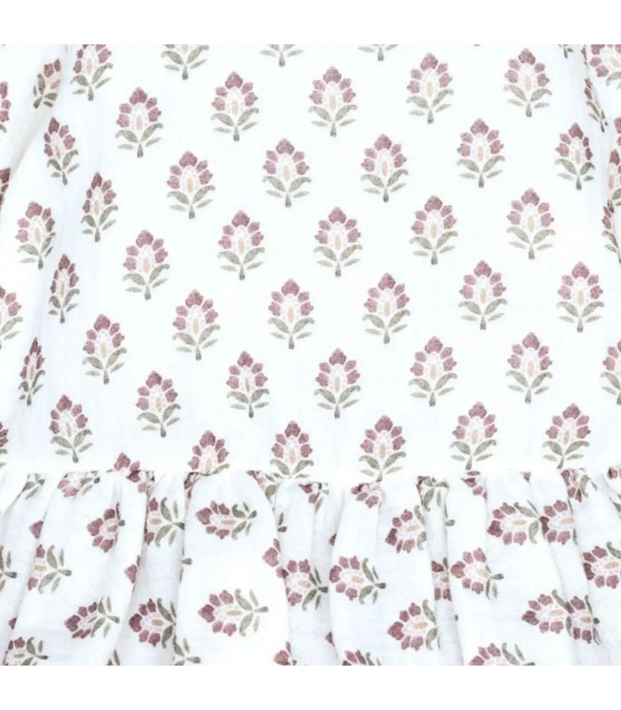 Detalle del estampado de Jesusito bebé berenjena algodón estampado floral volante suave invierno