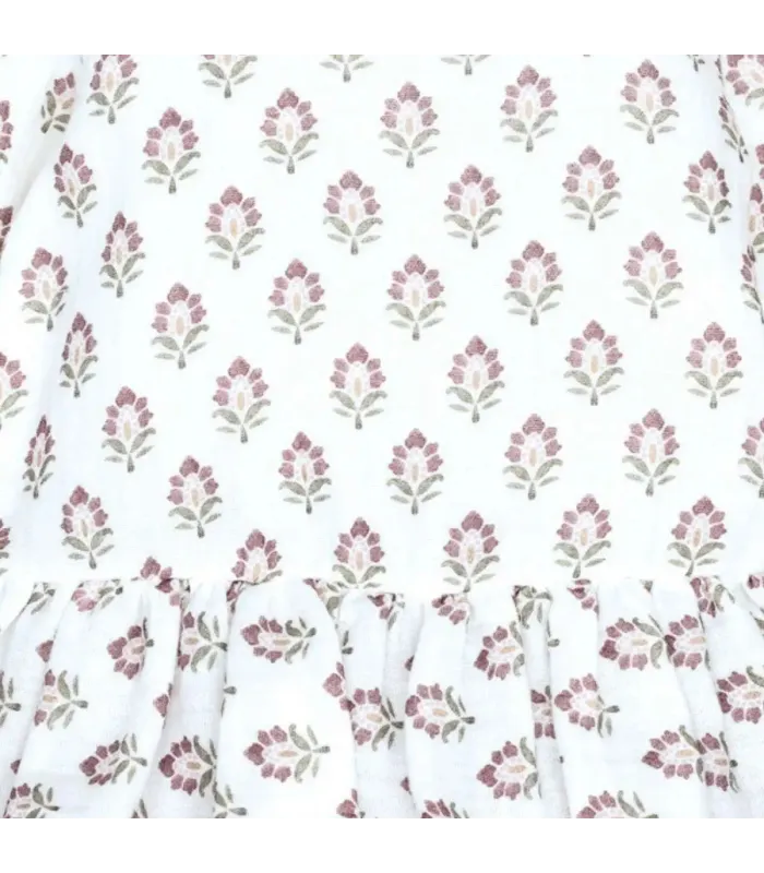 Detalle del estampado de Jesusito bebé berenjena algodón estampado floral volante suave invierno