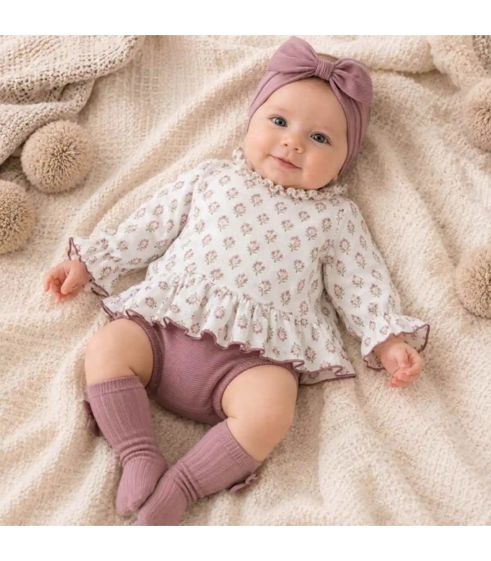 Bebé con Jesusito bebé berenjena algodón estampado floral volante suave invierno puesto