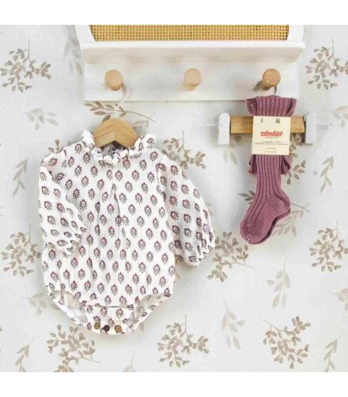 Pelele bebé berenjena algodón estampado floral cuello fruncido suave invierno