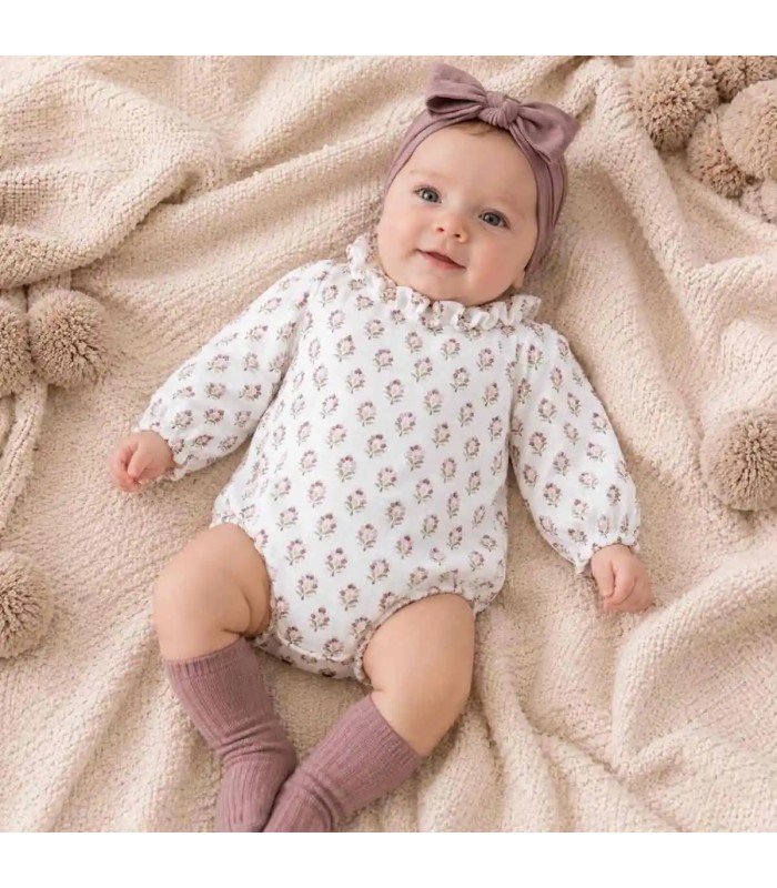 Bebé con el Pelele bebé berenjena algodón estampado floral cuello fruncido suave invierno
