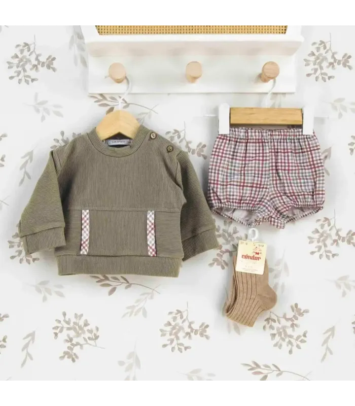 Conjunto Pololo bebé topo canalé cuadros algodón suave invierno detalle