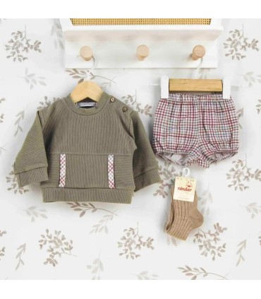 Conjunto Pololo bebé topo canalé cuadros algodón suave invierno detalle
