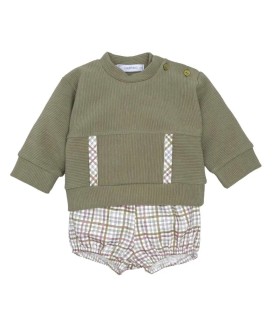 Conjunto Pololo bebé topo canalé cuadros algodón suave invierno detalle en fondo blanco