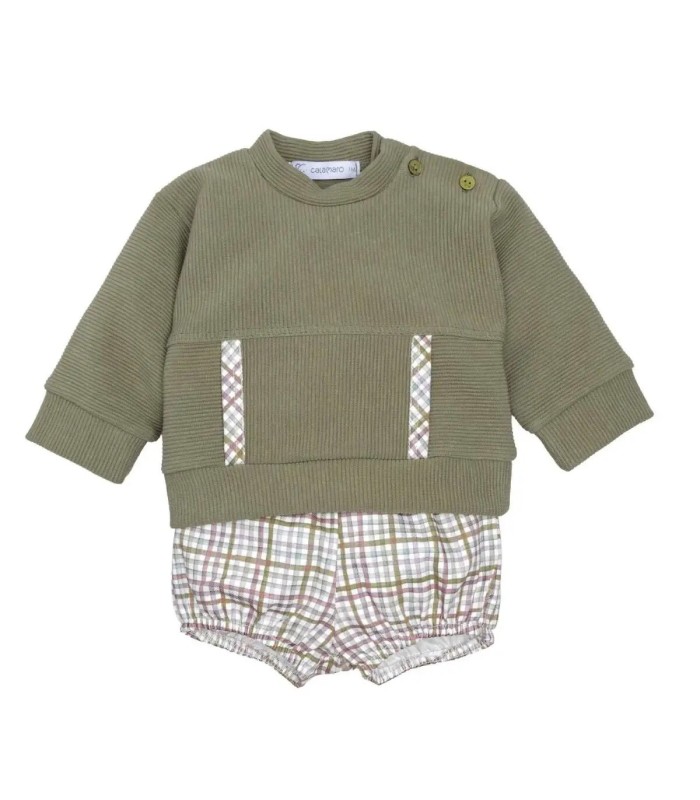 Conjunto Pololo bebé topo canalé cuadros algodón suave invierno detalle en fondo blanco