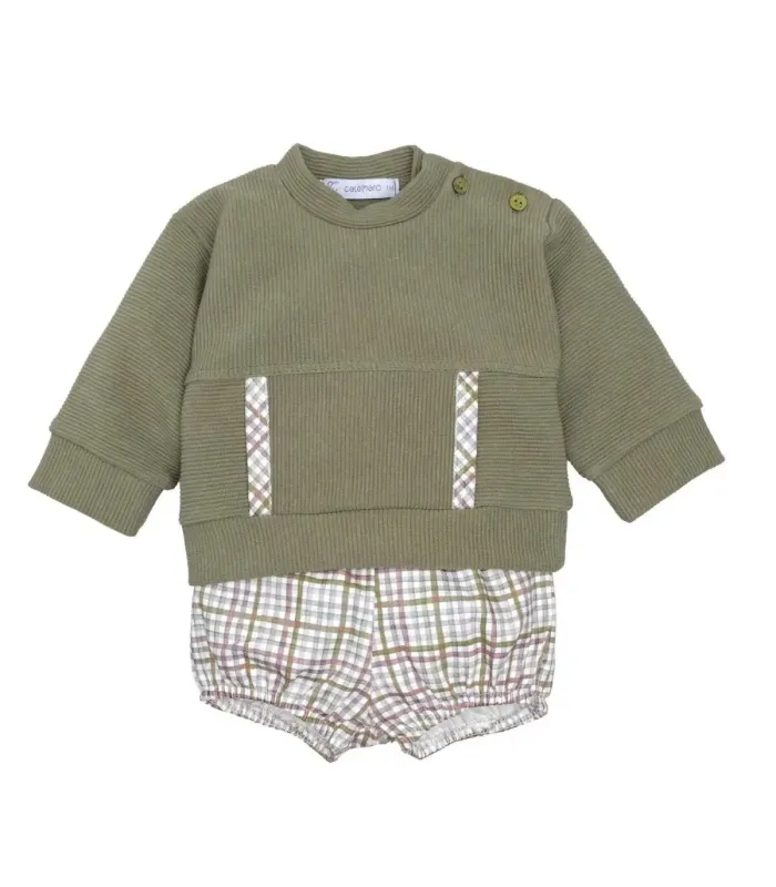 Conjunto Pololo bebé topo canalé cuadros algodón suave invierno detalle en fondo blanco