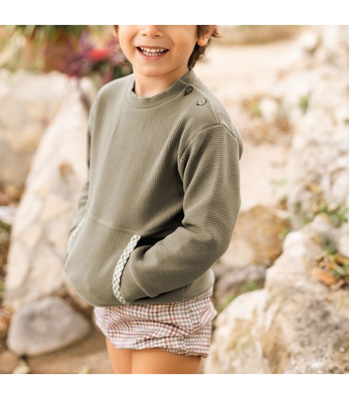 Niño con el Conjunto Pololo bebé topo canalé cuadros algodón suave invierno detalle