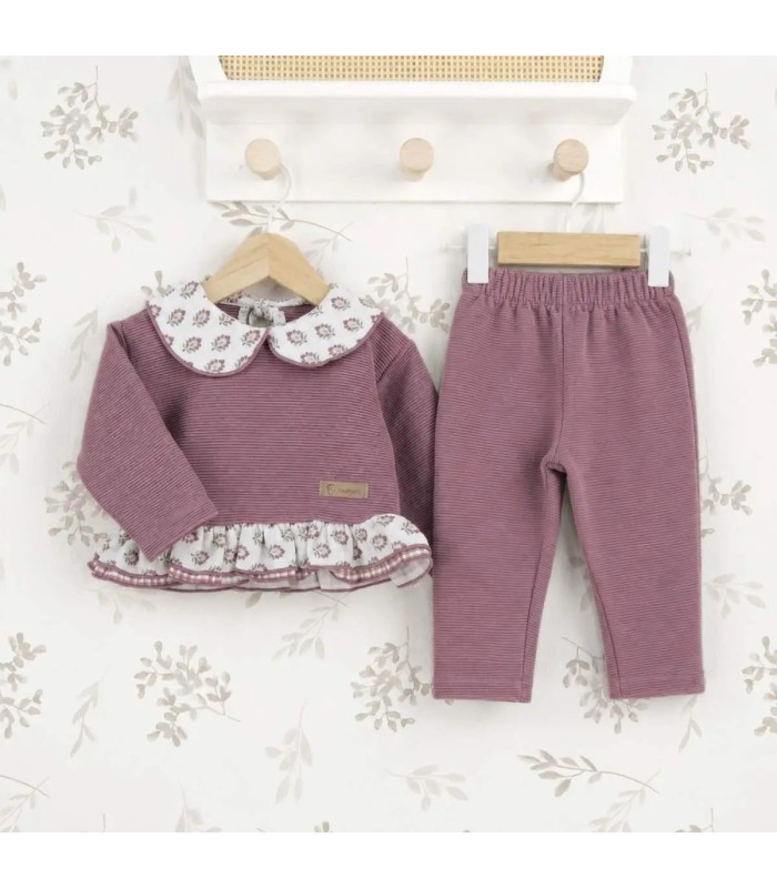 Conjunto Sport bebé berenjena canalé algodón cuello floral volante invierno