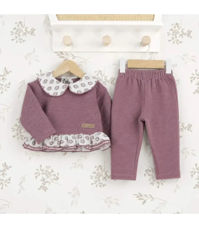 Conjunto Sport bebé berenjena canalé algodón cuello floral volante invierno