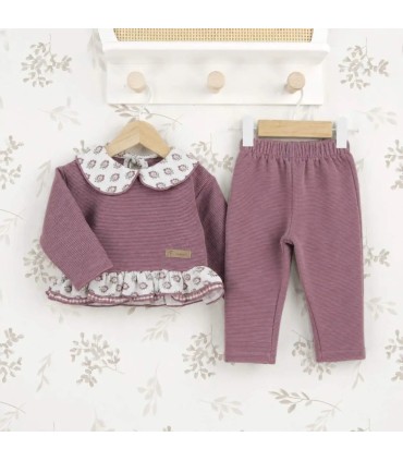 Conjunto Sport bebé berenjena canalé algodón cuello floral volante invierno