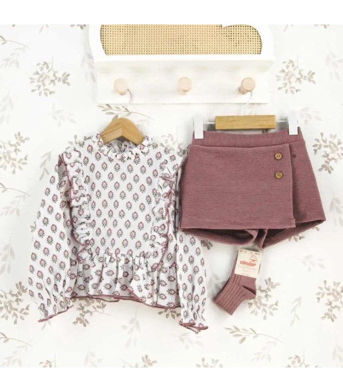 Conjunto Falda Pantalón berenjena niña algodón floral canalé invierno detalle