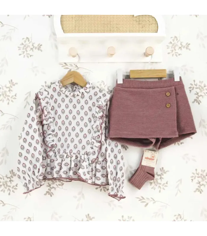 Conjunto Falda Pantalón berenjena niña algodón floral canalé invierno detalle