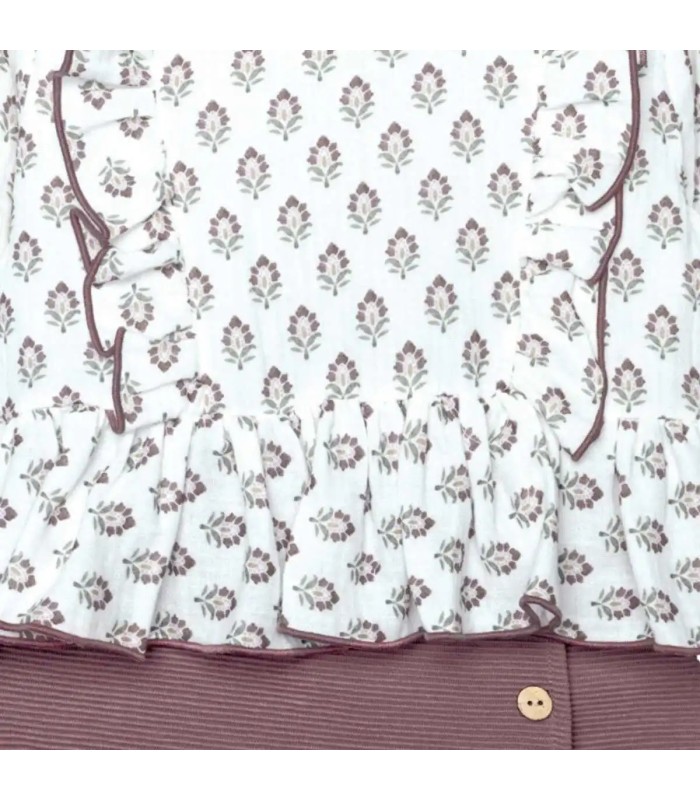 Diseño del conjunto falda pantalón berenjena niña algodón floral canalé invierno detalle