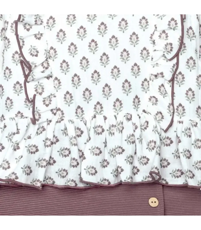 Diseño del conjunto falda pantalón berenjena niña algodón floral canalé invierno detalle