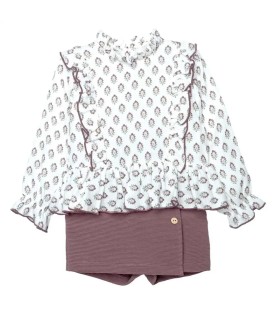 Conjunto falda pantalón berenjena niña algodón floral canalé invierno en fondo blanco