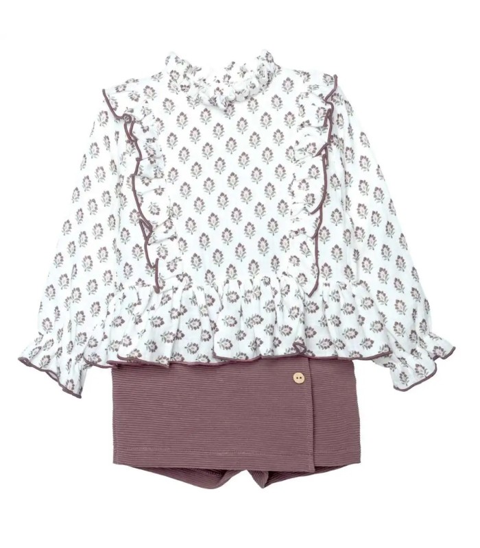 Conjunto falda pantalón berenjena niña algodón floral canalé invierno en fondo blanco