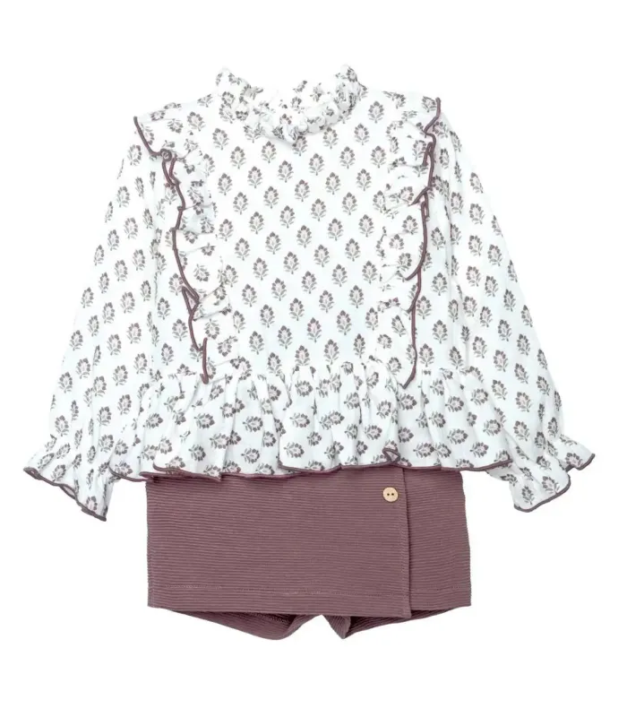 Conjunto falda pantalón berenjena niña algodón floral canalé invierno en fondo blanco