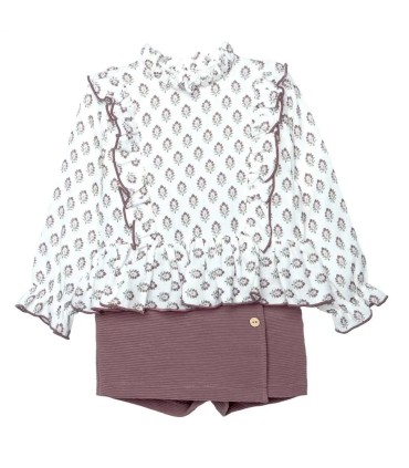 Conjunto falda pantalón berenjena niña algodón floral canalé invierno en fondo blanco