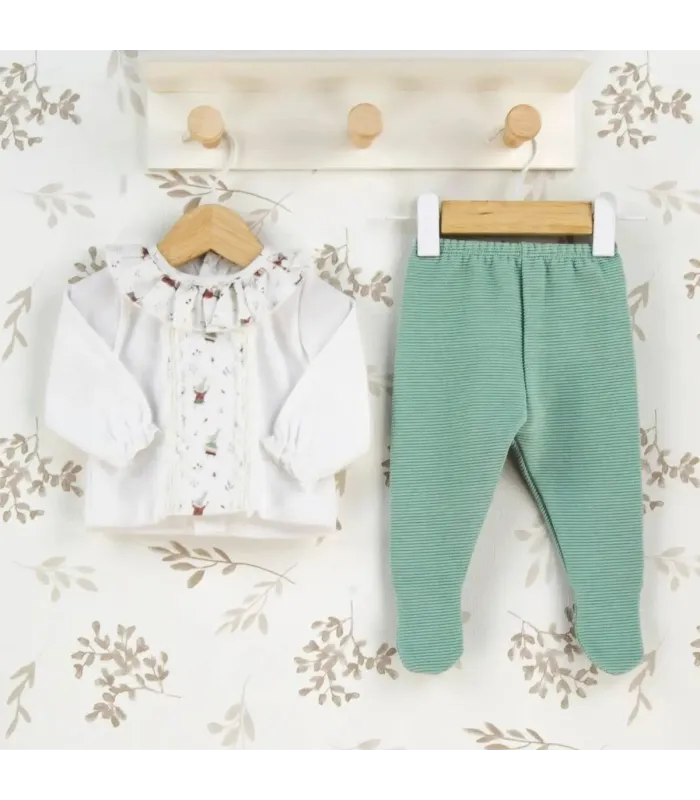 Conjunto Polaina bebé mint algodón suave punto fino acanalado con detalles de puntilla y estampado delicado