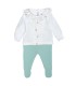 Conjunto Polaina bebé mint algodón suave punto fino acanalado con detalles de puntilla y estampado delicado sobre fondo blanco