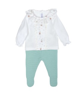 Conjunto Polaina bebé mint algodón suave punto fino acanalado con detalles de puntilla y estampado delicado sobre fondo blanco