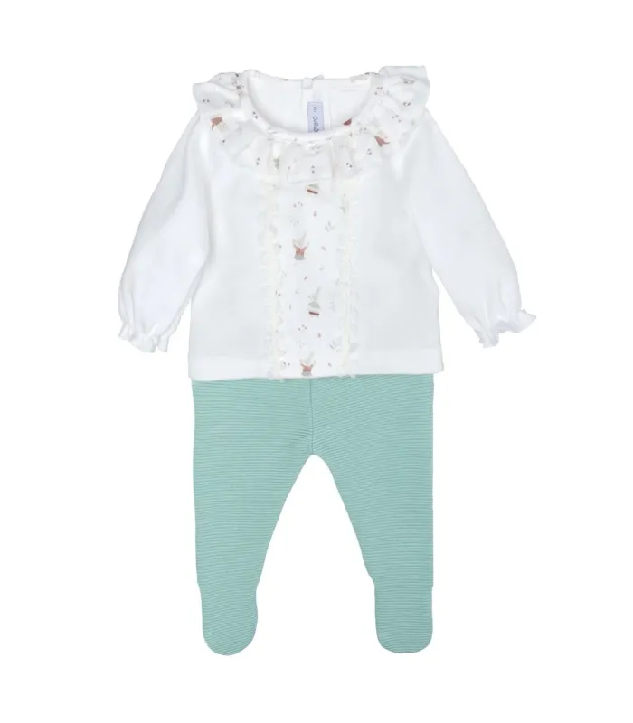 Conjunto Polaina bebé mint algodón suave punto fino acanalado con detalles de puntilla y estampado delicado sobre fondo blanco