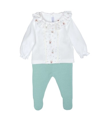 Conjunto Polaina bebé mint algodón suave punto fino acanalado con detalles de puntilla y estampado delicado sobre fondo blanco