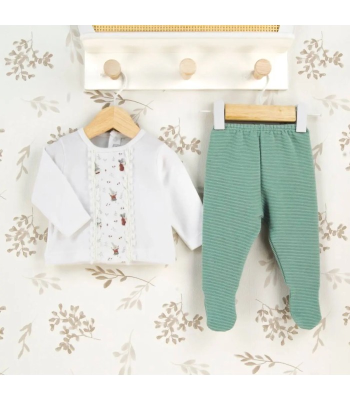 Conjunto Polaina bebé mint sin cuello algodón con panel estampado y punto fino acanalado con puntilla