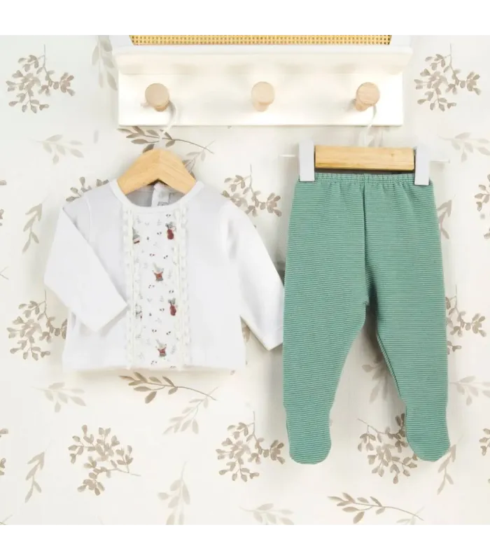 Conjunto Polaina bebé mint sin cuello algodón con panel estampado y punto fino acanalado con puntilla