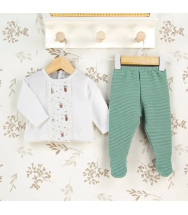 Conjunto Polaina bebé mint sin cuello algodón con panel estampado y punto fino acanalado con puntilla