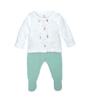 Conjunto Polaina bebé mint sin cuello algodón con panel estampado y punto fino acanalado con puntilla en fondo blanco
