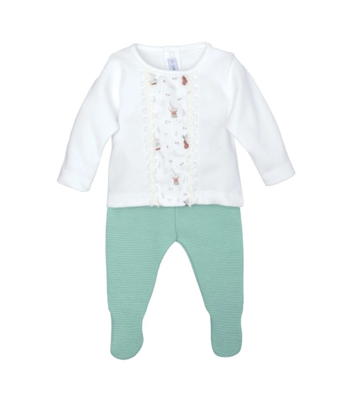 Conjunto Polaina bebé mint sin cuello algodón con panel estampado y punto fino acanalado con puntilla en fondo blanco