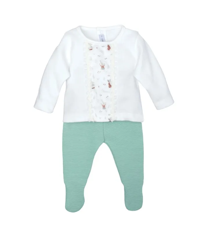Conjunto Polaina bebé mint sin cuello algodón con panel estampado y punto fino acanalado con puntilla en fondo blanco