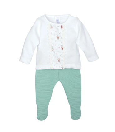 Conjunto Polaina bebé mint sin cuello algodón con panel estampado y punto fino acanalado con puntilla en fondo blanco