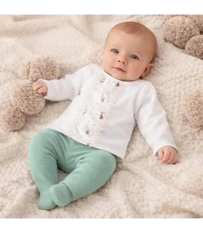 Bebé con Conjunto Polaina bebé mint sin cuello algodón con panel estampado y punto fino acanalado con puntilla