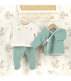 Conjunto 3 piezas bebé mint invierno algodón con chaqueta cruzada polaina acanalada y camiseta estampada con puntilla
