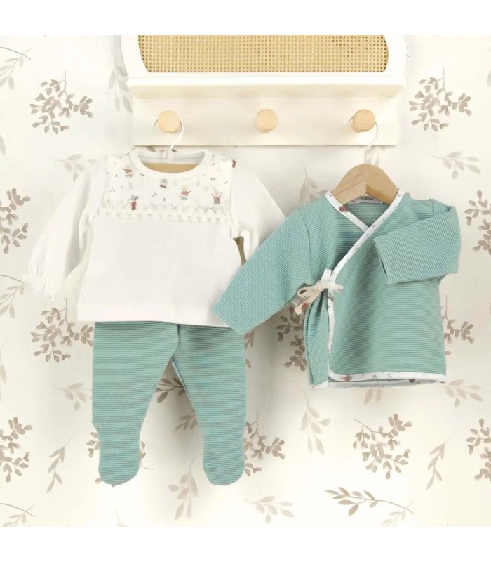 Conjunto 3 piezas bebé mint invierno algodón con chaqueta cruzada polaina acanalada y camiseta estampada con puntilla
