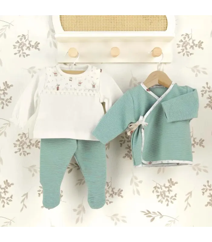 Conjunto 3 piezas bebé mint invierno algodón con chaqueta cruzada polaina acanalada y camiseta estampada con puntilla